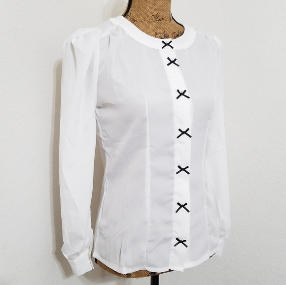 White long sleeve blouse with black bows Semi-Sheer Size Small/Medium - Picture 7 of 7